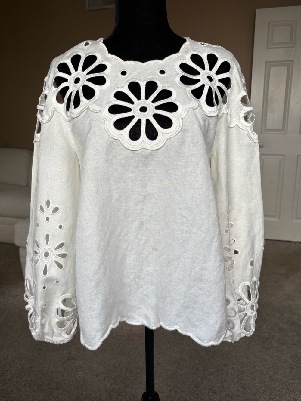 Jonathan Simkhai White Floral Eyelet Long-Sleeve Blouse size small